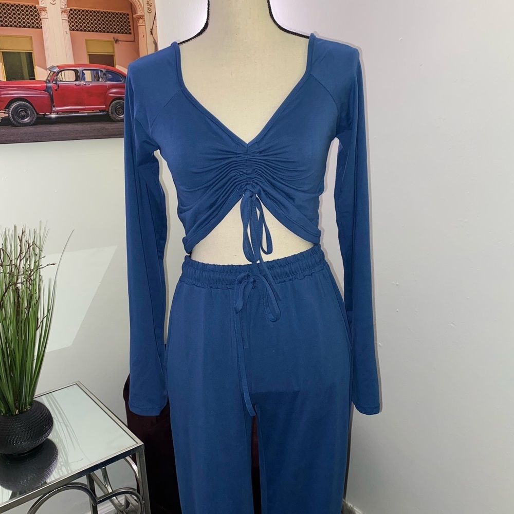 Blue Long Sleeve Ruched Top and Pants Lounge Set